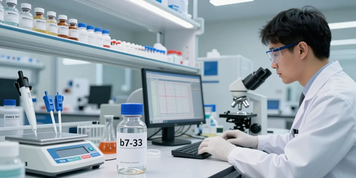 Scientist examining b7-33 for sale vials in a high-tech lab setting, emphasizing peptide research integrity.