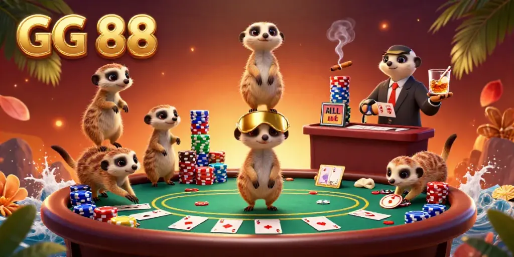 Experience the vibrant energy of GG 88 with meerkats managing a bustling casino scene filled with poker chips and cards.