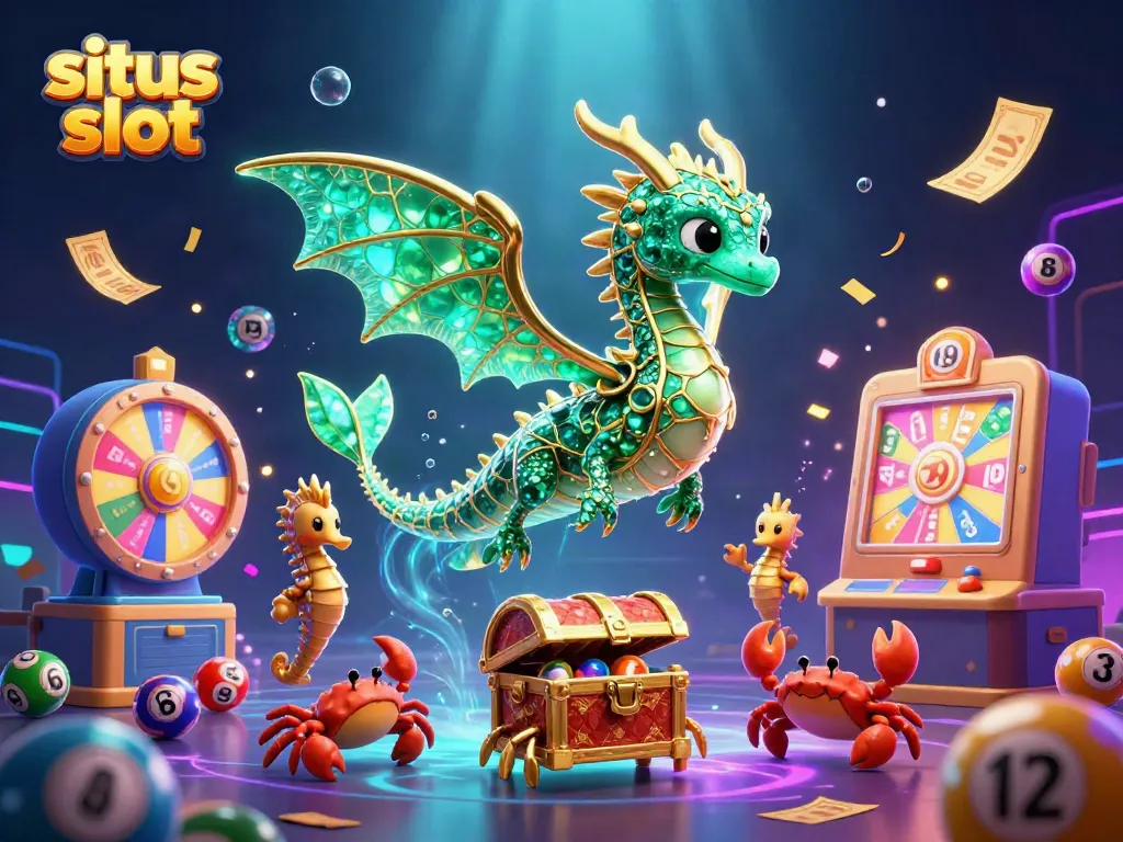 Experience situs slot excitement with an emerald sea dragon, lottery elements, and crabs in action.