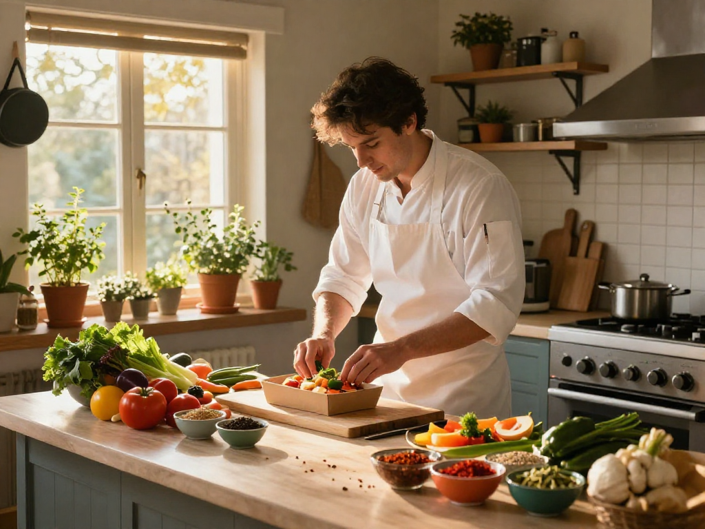 Chef preparing gourmet meal boxes with fresh ingredients and spices in a cozy kitchen slot