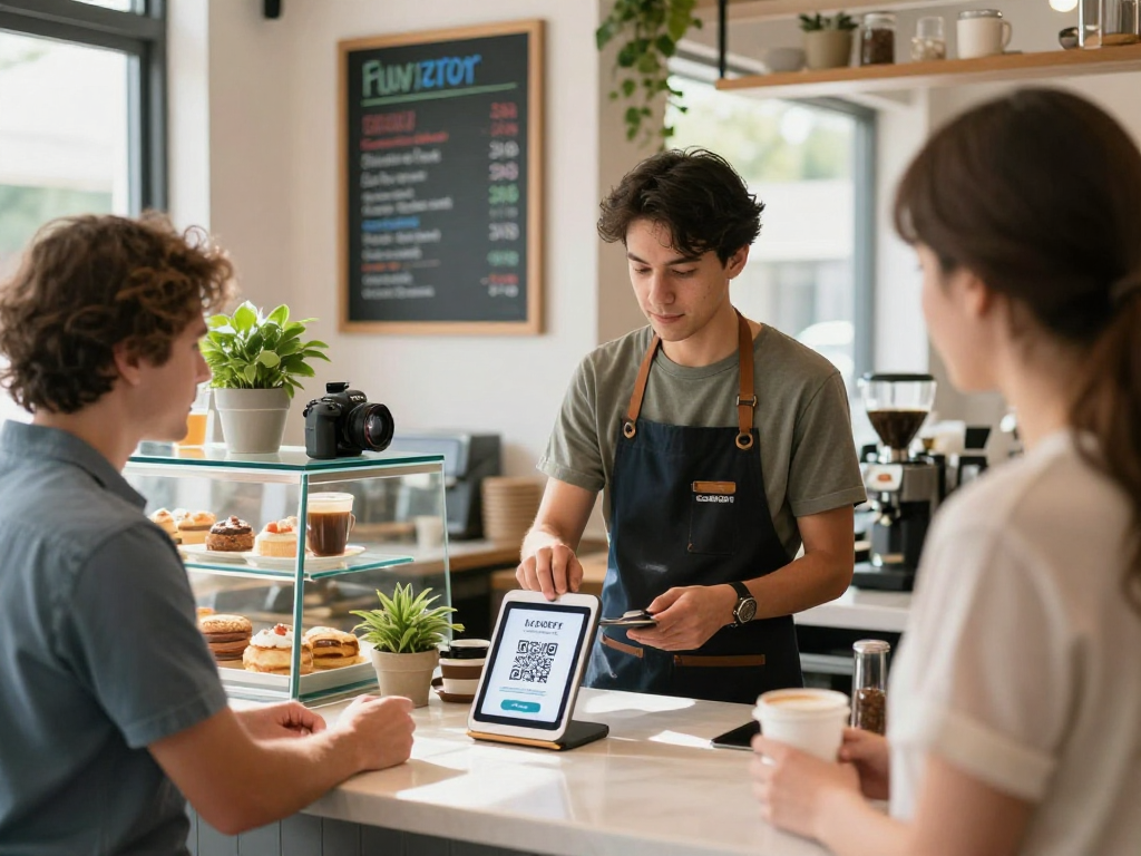 Customer using a loyalty app at a café for rewards and discounts.