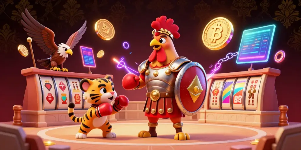 Engage with link 8KBET through a vibrant 3D illustration featuring a gladiator rooster and crypto elements.