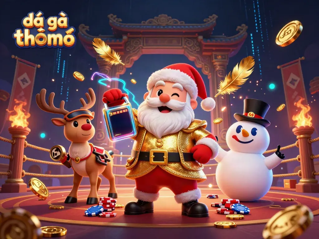 Engage in đá gà trực tiếp thomo action with festive characters in a dazzling 3D casino scene.