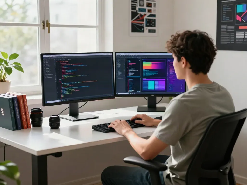 Developer utilizing v2rayN code on dual monitors in a modern workspace.