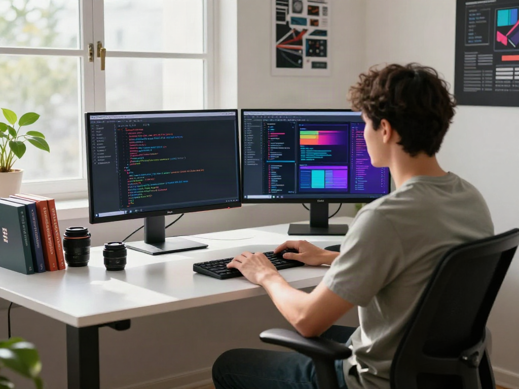 Developer utilizing v2rayN code on dual monitors in a modern workspace.