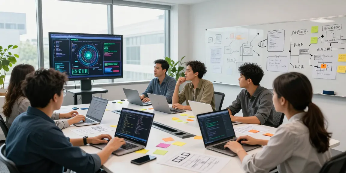 Diverse team collaborating in a tech workspace showcasing generative AI models and coding activity.