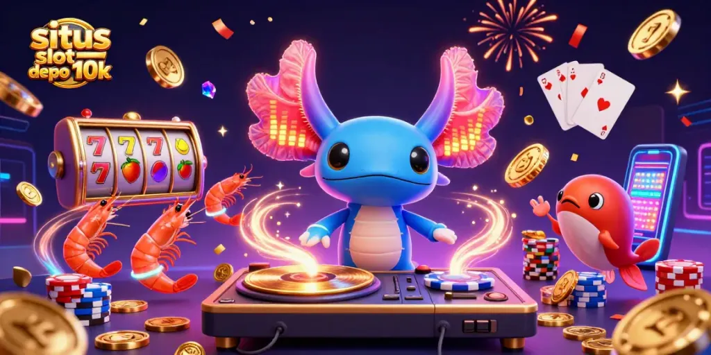 Situs slot depo 10k features an axolotl DJ, shrimp dancers, and vibrant slot symbols in a colorful casino scene.