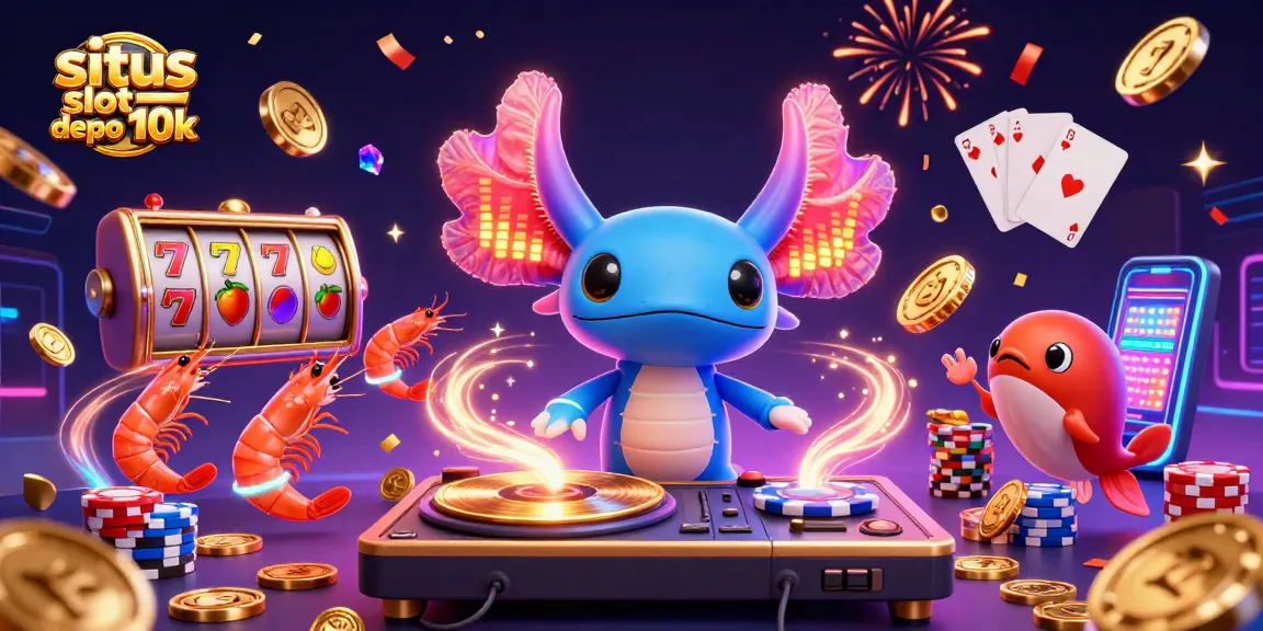 Situs slot depo 10k features an axolotl DJ, shrimp dancers, and vibrant slot symbols in a colorful casino scene.