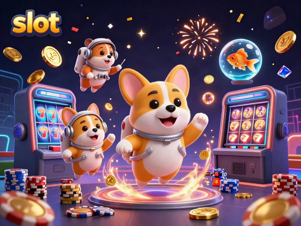 Experience thrilling slot gameplay with a cartoon astronaut corgi in a vibrant casino scene.