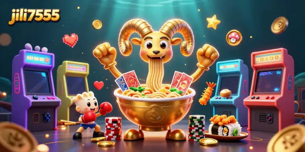 Experience the vibrant energy of jili7555 with unique gambling-themed characters and arcade elements.