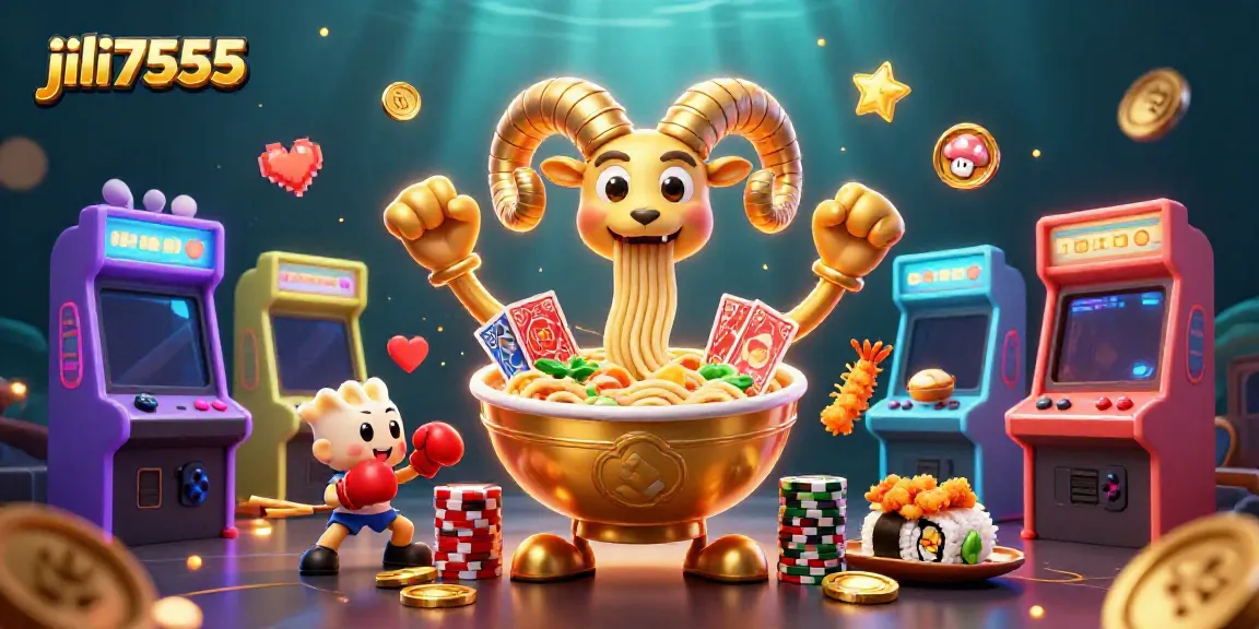 Experience the vibrant energy of jili7555 with unique gambling-themed characters and arcade elements.