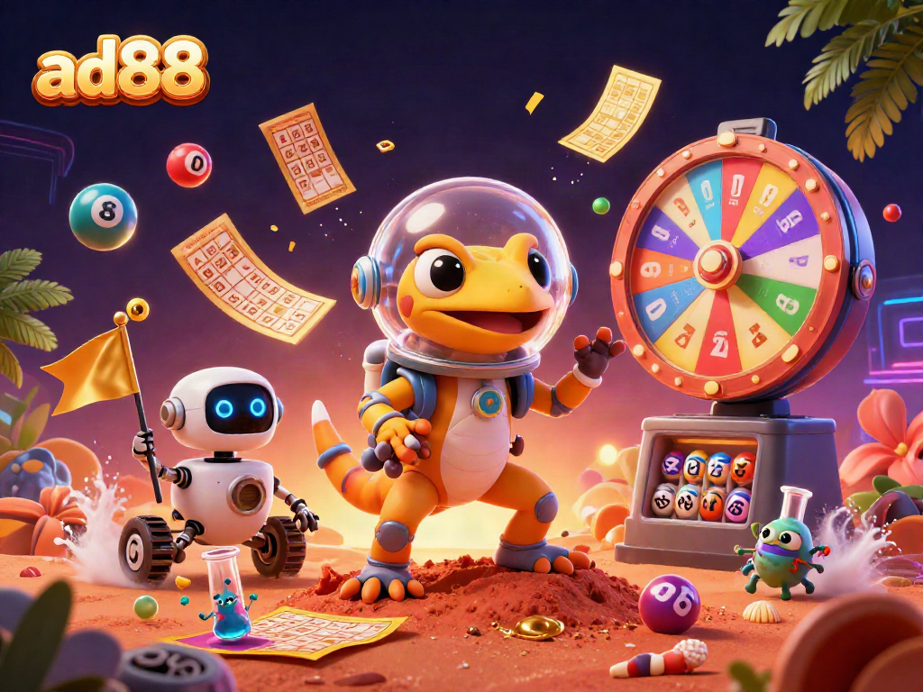Engage with ad88's thrilling gaming adventure featuring a Martian gecko, robot, and festive lottery elements.