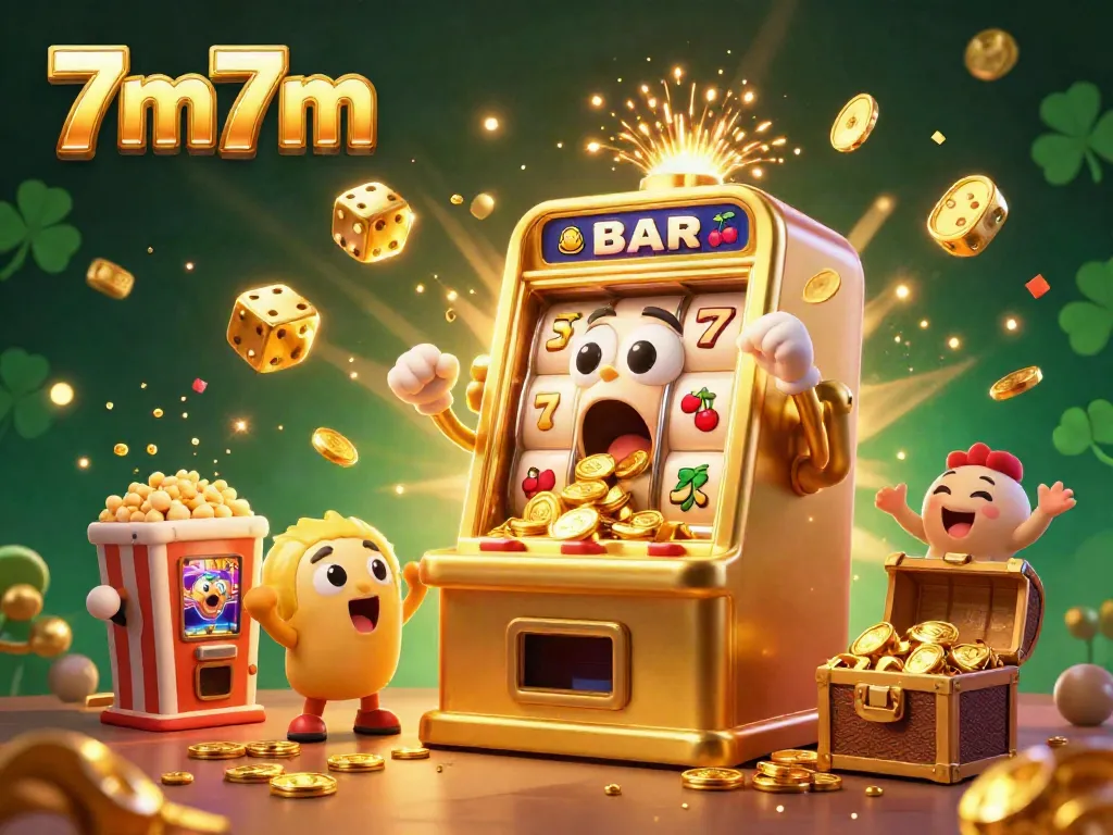 Experience the thrilling jackpot with 7m7m as the golden slot machine bursts with coins and excitement.