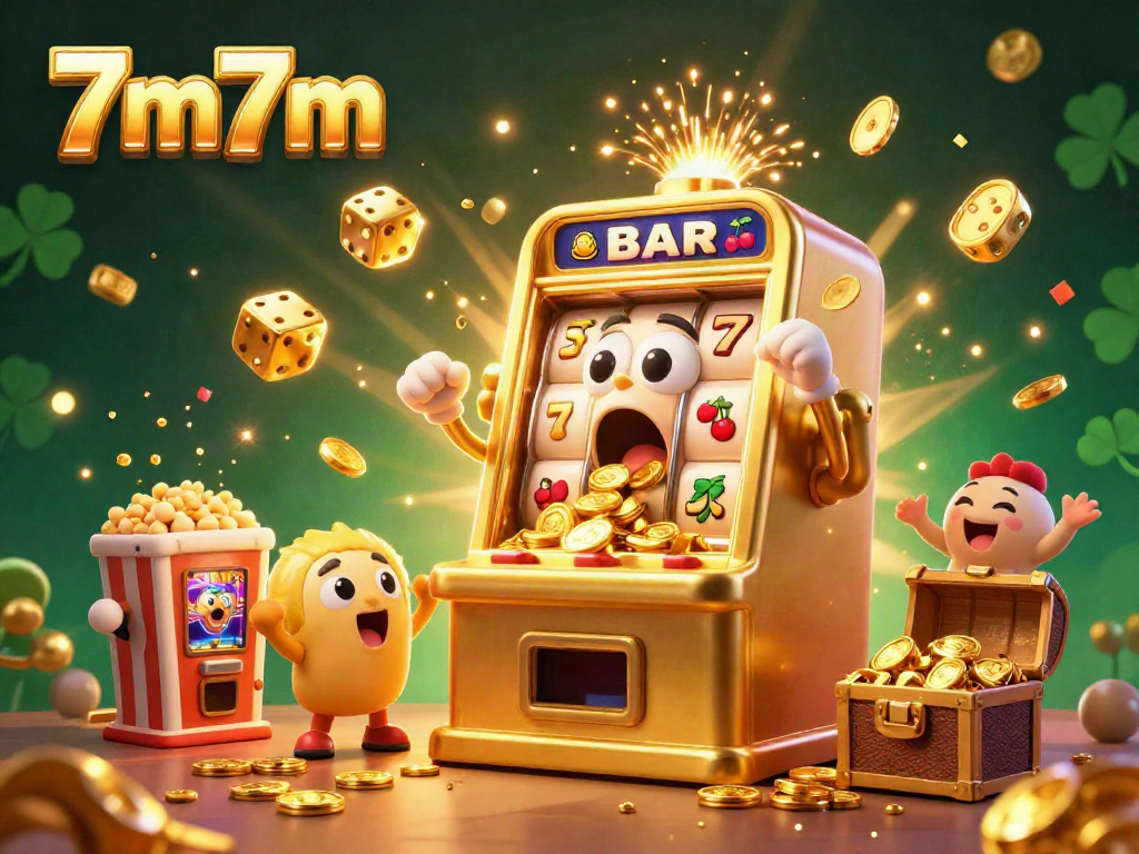 Experience the thrilling jackpot with 7m7m as the golden slot machine bursts with coins and excitement.