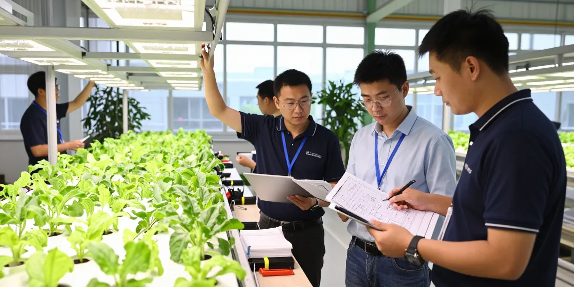 Team working in an indoor agriculture facility to optimize cika4d link designs for vertical farming.
