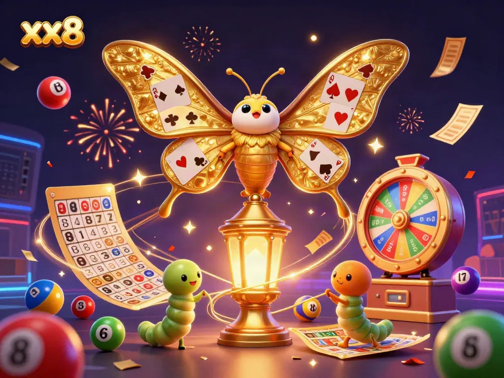 Experience the thrill of xx8 casino with vibrant lottery balls and 3D characters in a festive digital illustration.