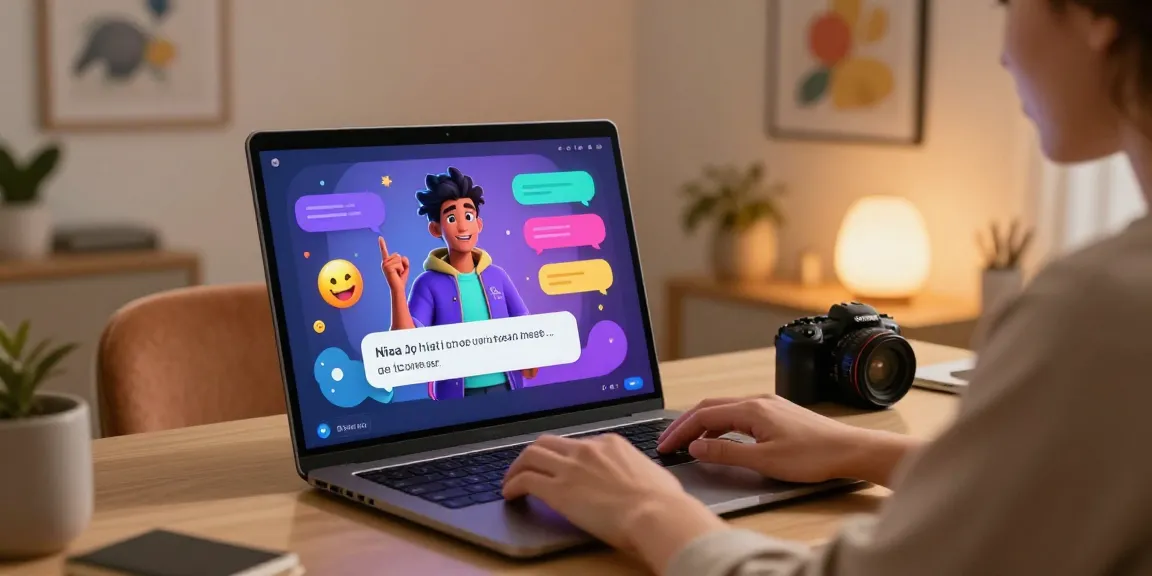 Engaging user with ai chat nsfw character on dynamic digital interface in cozy home office.