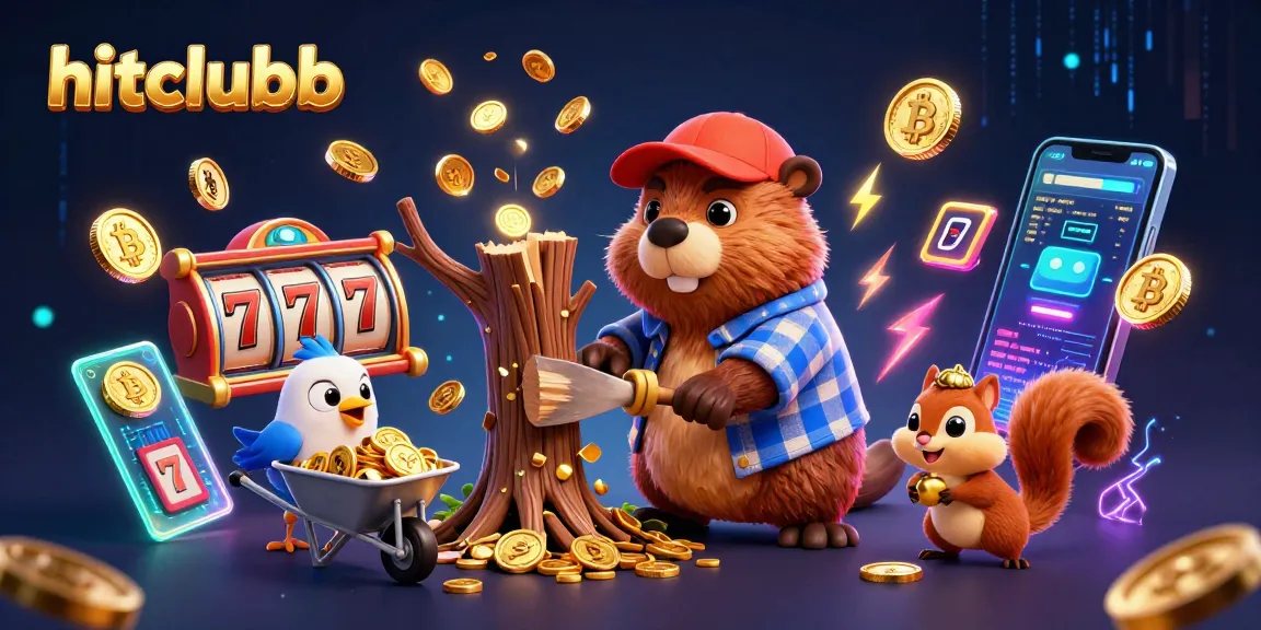 Play exciting games on hitclubb, where a beaver collects golden coins amid vibrant slot elements.