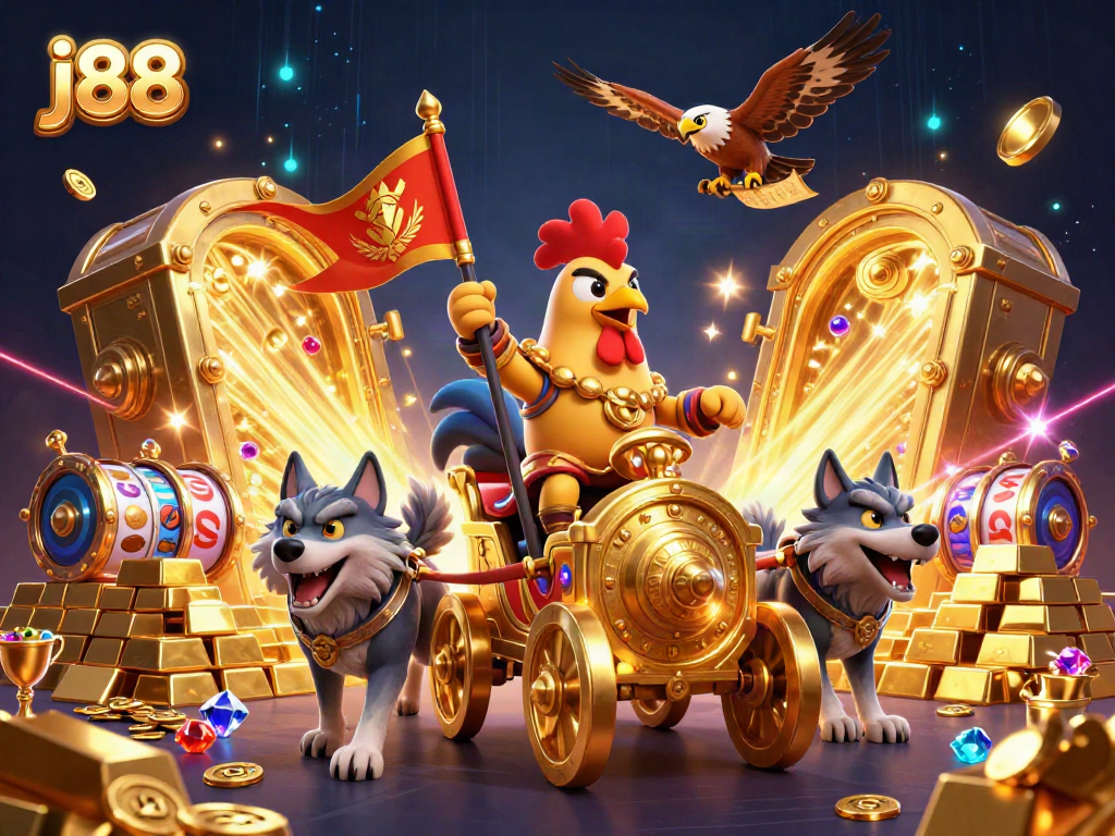 Experience the thrill of j88 with a dynamic 3D scene of a rooster warlord in a casino treasure hunt.