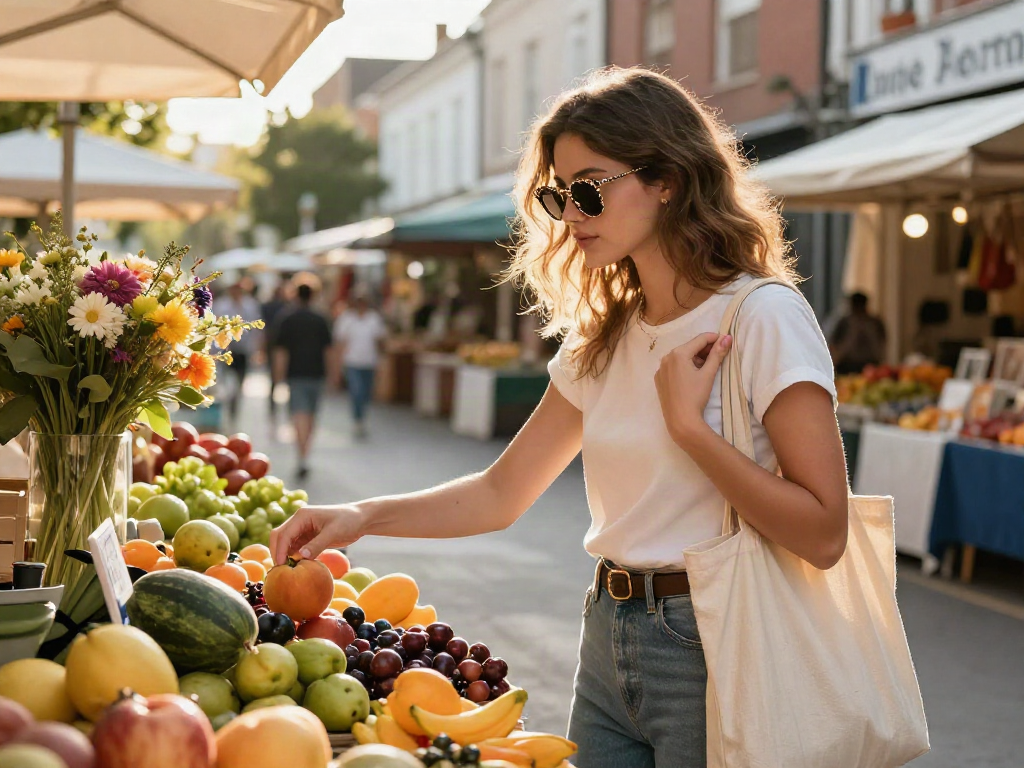 Uma jovem elegante usando óculos de sol, aproveitando um mercado ao ar livre durante a tarde.