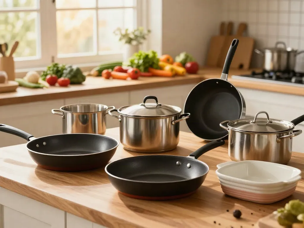CookWare Price in Bangladesh with various stylish cookware displayed among fresh ingredients in a bright kitchen.