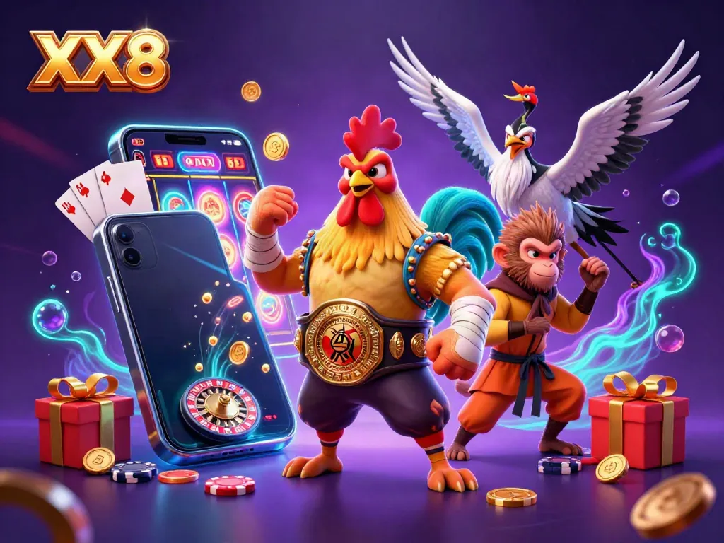 Engage with the colorful 3D XX8 casino scene featuring a Muay Thai rooster, inspiring strategy.