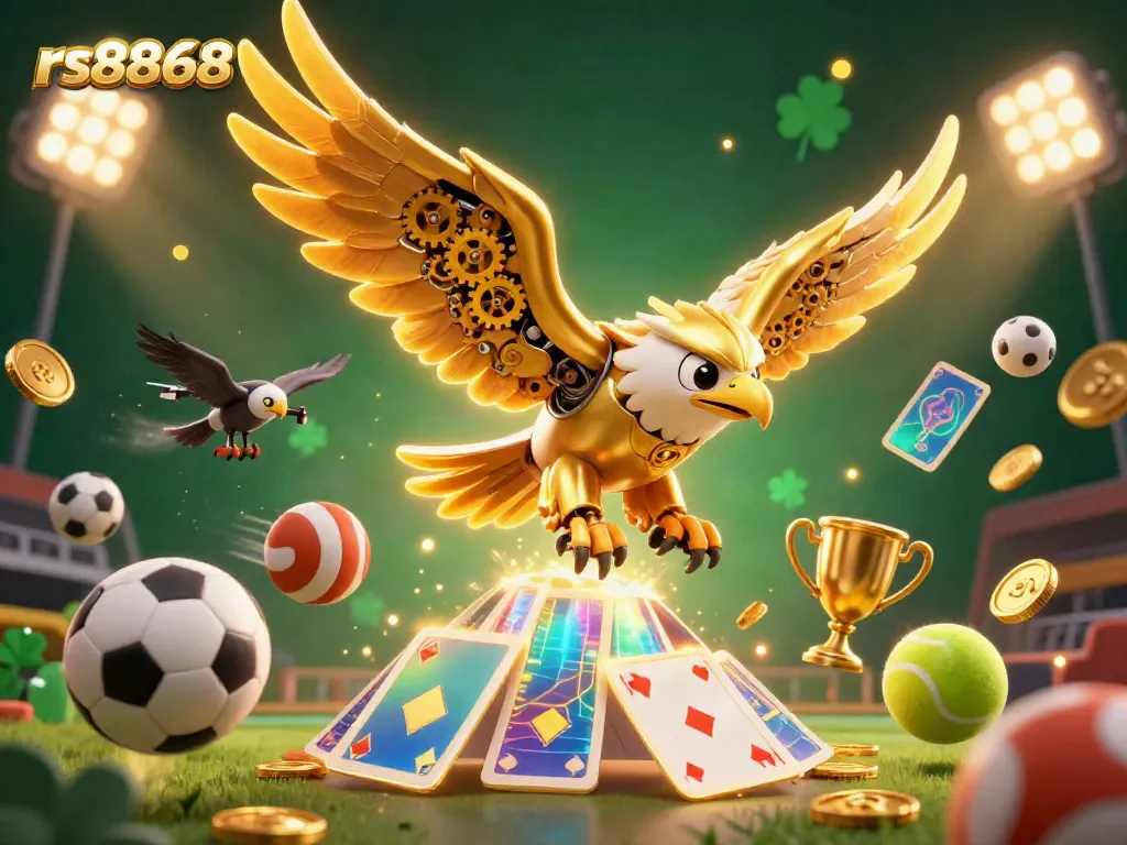 Engage in thrilling bets at rs8868 with a stunning cybernetic eagle amidst gaming elements.