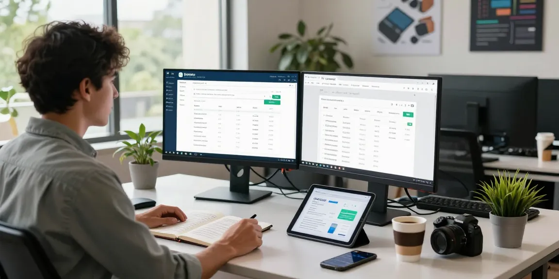 Registro de Dominios en México - IT specialist analyzing domain registration with dual monitors in modern workspace.
