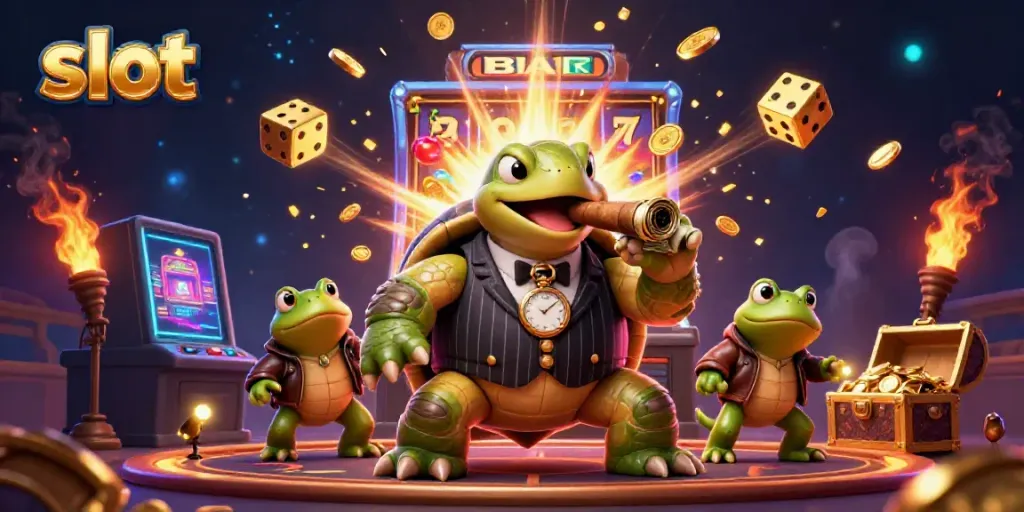 Experience thrilling slot action with a snapping turtle mobster and bullfrog enforcers in a vibrant casino scene.