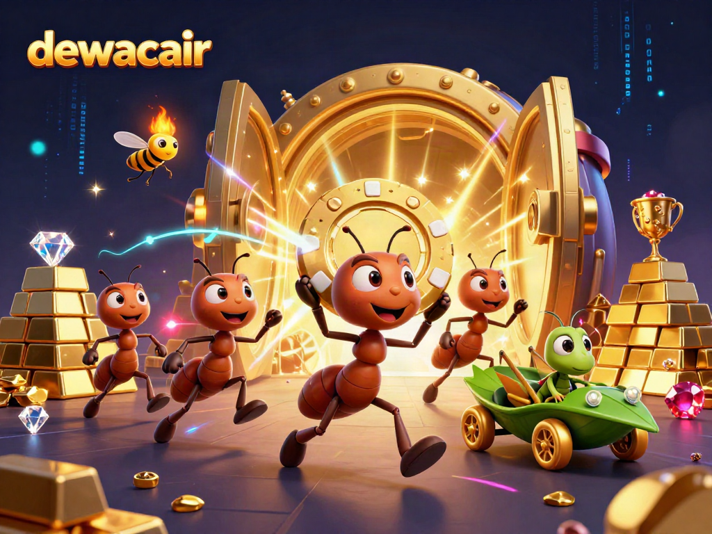 Dewacair ants embark on a vibrant casino heist with a giant poker chip, evoking excitement.