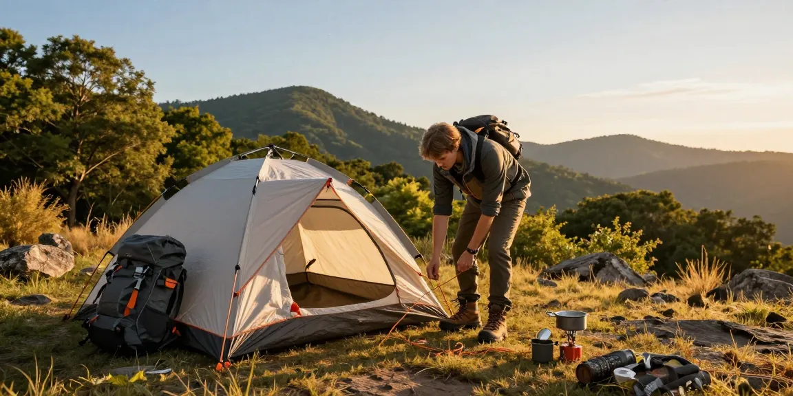 Setting up adventure gear at campsite during sunset, ideal for rokok88 login.
