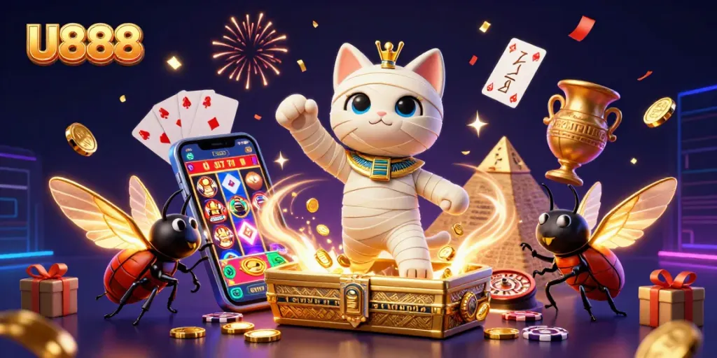 U888 features an Egyptian mummy cat and a glowing scarab in an engaging casino scene, showcasing dynamic games and winning rewards.
