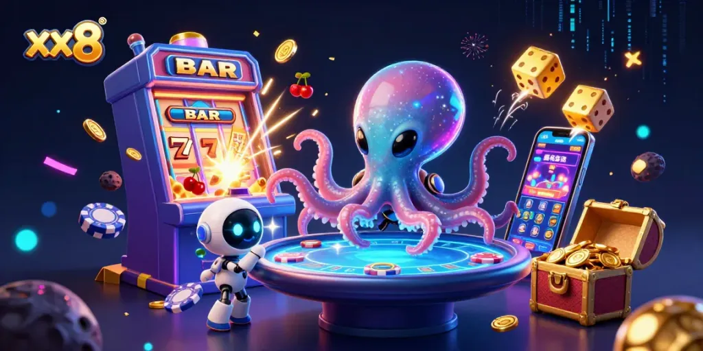 Experience exhilarating gaming at xx 8 with a vibrant 3D illustration depicting an alien octopus at a poker table, amidst dynamic casino elements.