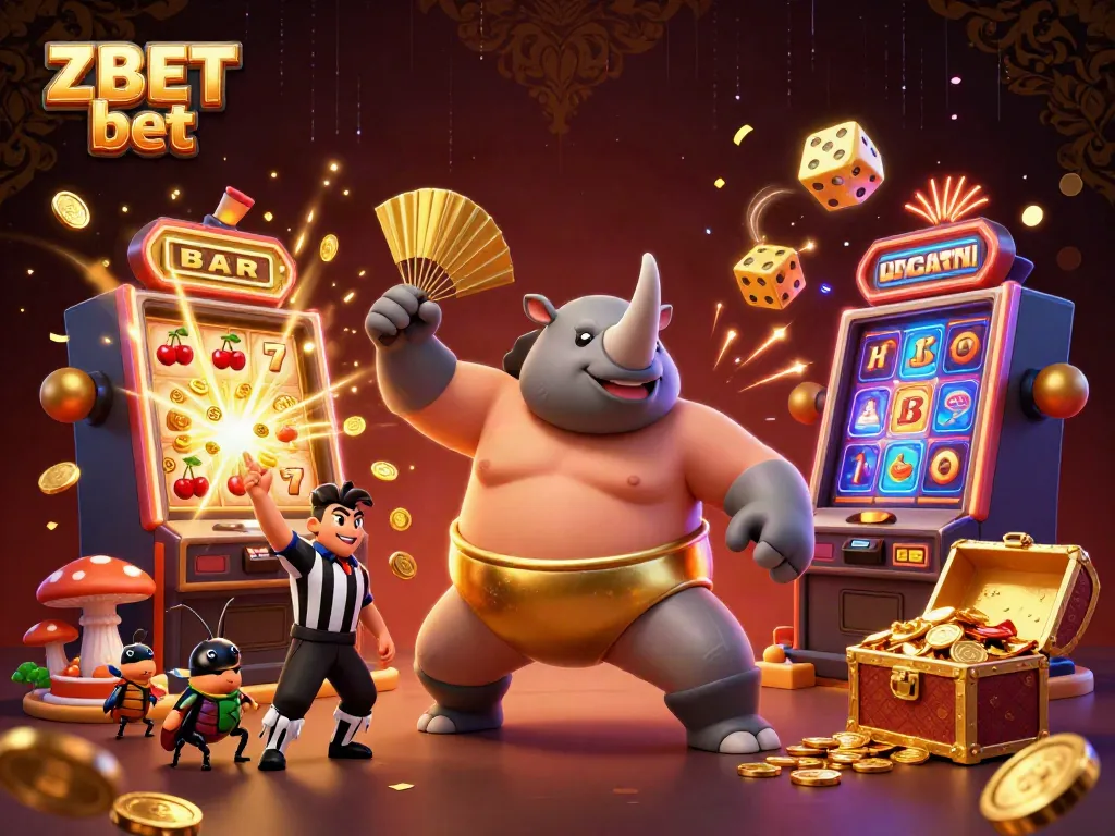 ZBET bet showcases a lively casino scene with a beetle sumo champion and dynamic jackpot elements