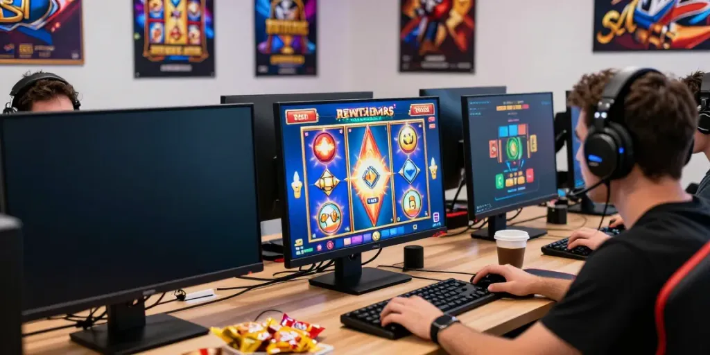 Player engaged in thrilling slot online gaming experience at a vibrant desk.