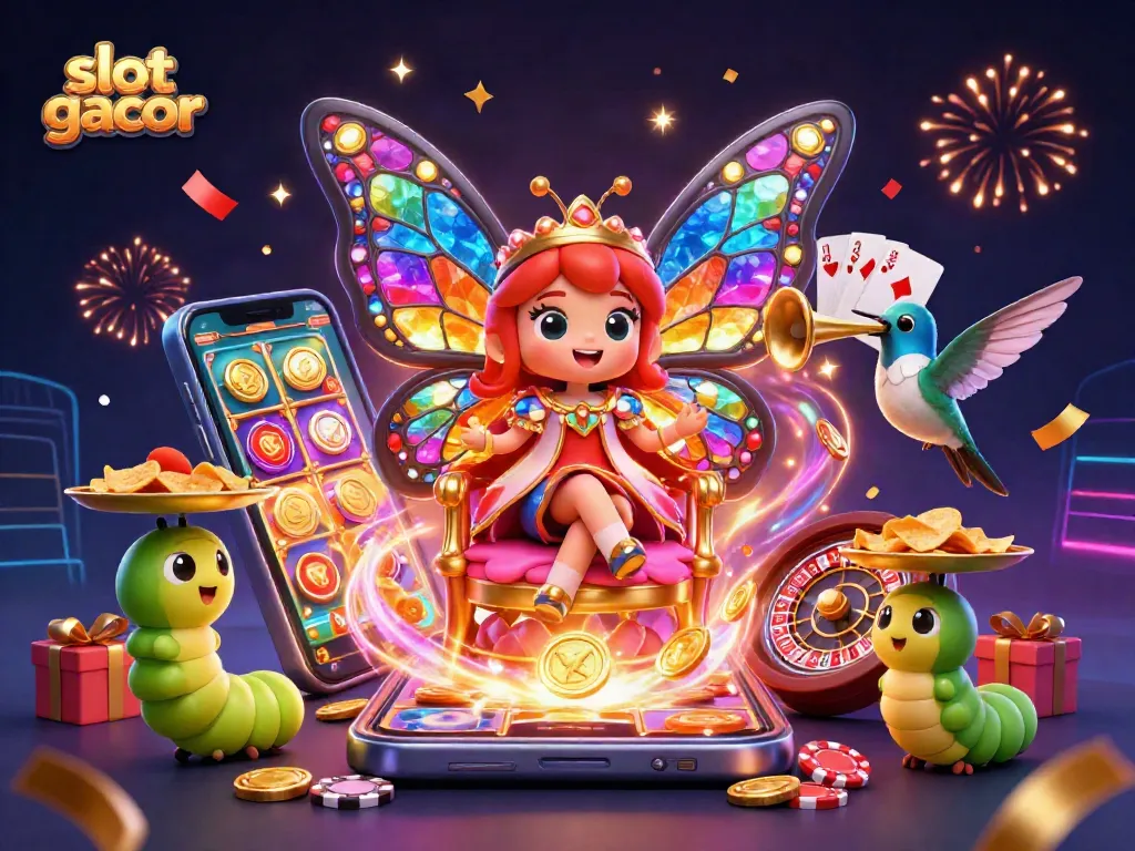 Experience the fun of slot gacor with colorful slot game elements and vibrant characters in celebration.