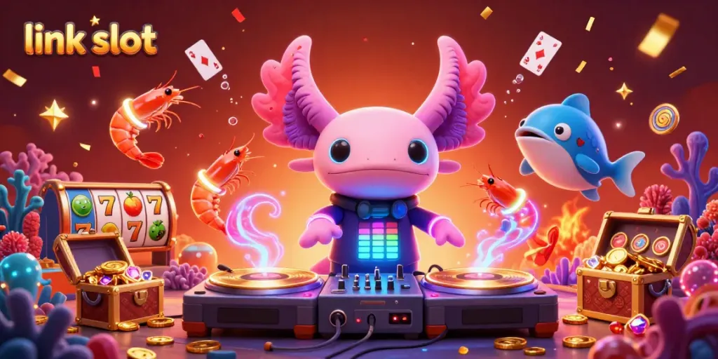 Experience the thrill of link slot action with vibrant characters and jackpot elements in this 3D illustration.