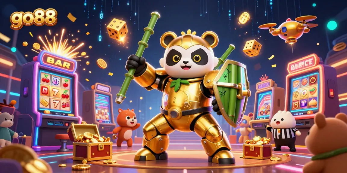 Engaging scene showcasing a golden panda mech in the dynamic go88 casino world with festive gaming elements.