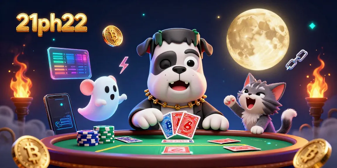 Play cards with the 21ph222 Frankenstein bulldog in a vibrant 3D casino scene.