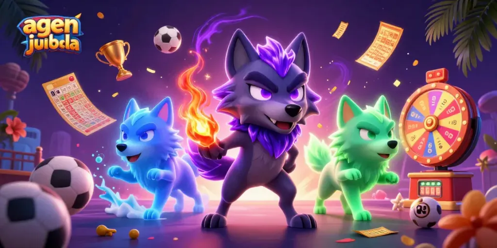Bet on agen judi bola with a dynamic scene featuring glowing wolves and colorful betting elements.