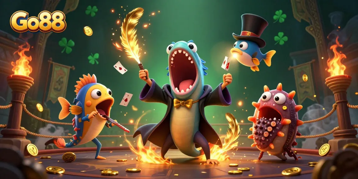 Go88's thrilling gaming scene features a magical performance with underwater creatures showcasing card tricks.