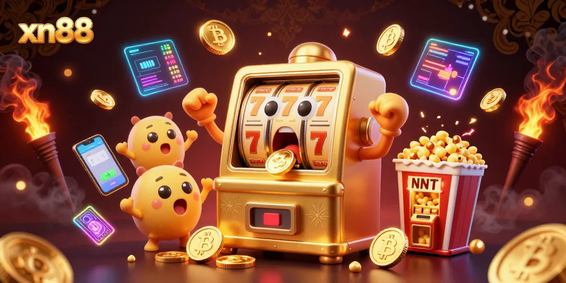 Spin to win with xn88's golden slot machine as it hits a jackpot, capturing the excitement of gaming.