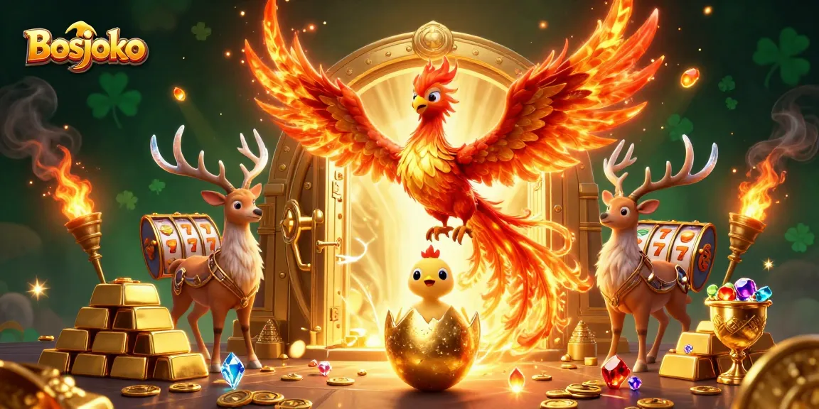 Experience thrilling gameplay at Bosjoko with captivating slot reels emerging from a mystical phoenix scene.