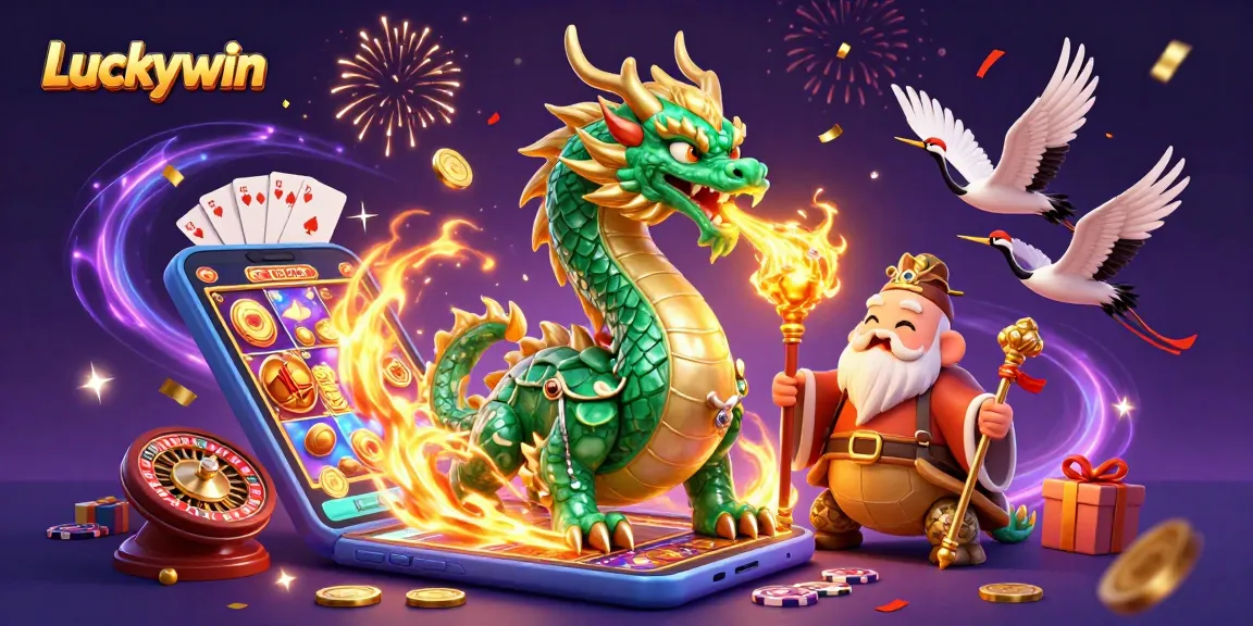 Experience Luckywin's excitement with a vibrant casino scene featuring dynamic characters and classic game elements.
