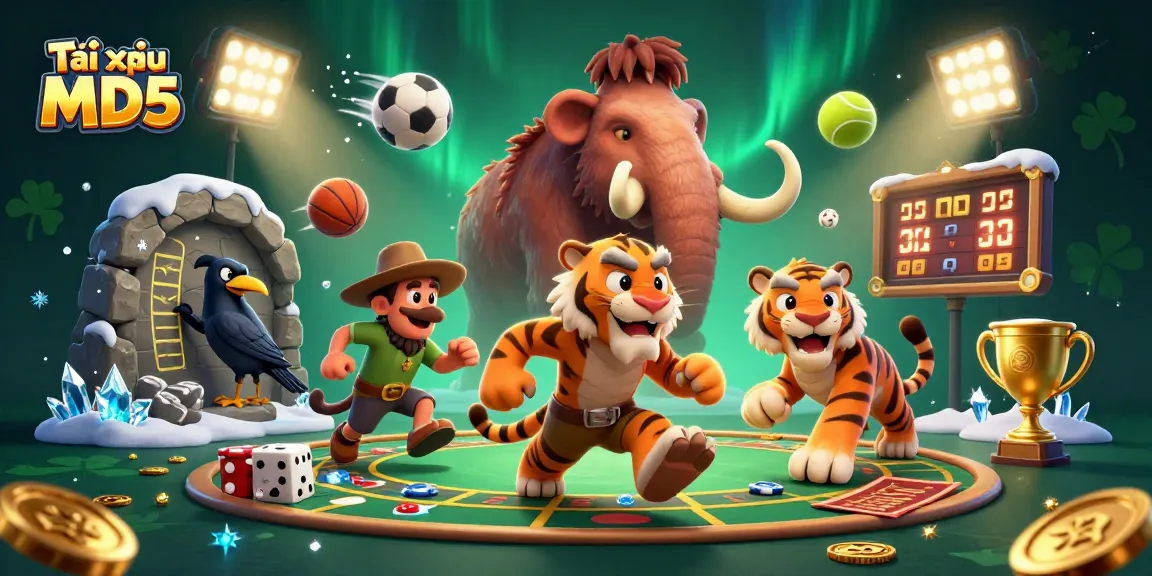Play strategic Tài xỉu MD5 with dynamic casino scenes featuring cavemen and sports elements.