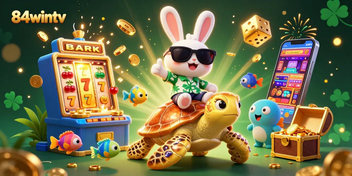 Win big at 84wintv with a vibrant illustration featuring a lucky rabbit, golden sea turtle, and dynamic casino elements.