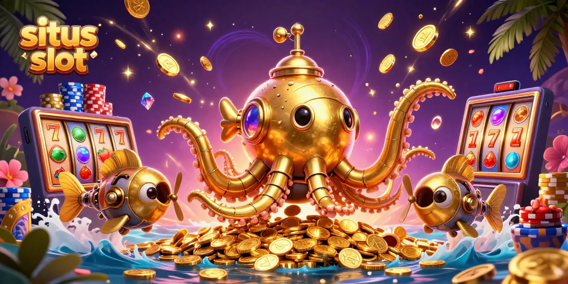 Situs slot showcases a vibrant casino scene highlighted by a golden kraken submarine and spinning slot reels, symbolizing excitement.