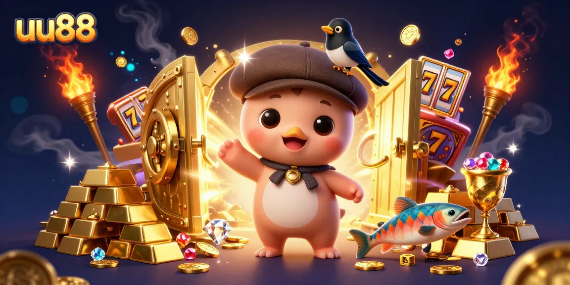 uu88 players spinning the reels with cartoon characters celebrating a jackpot win