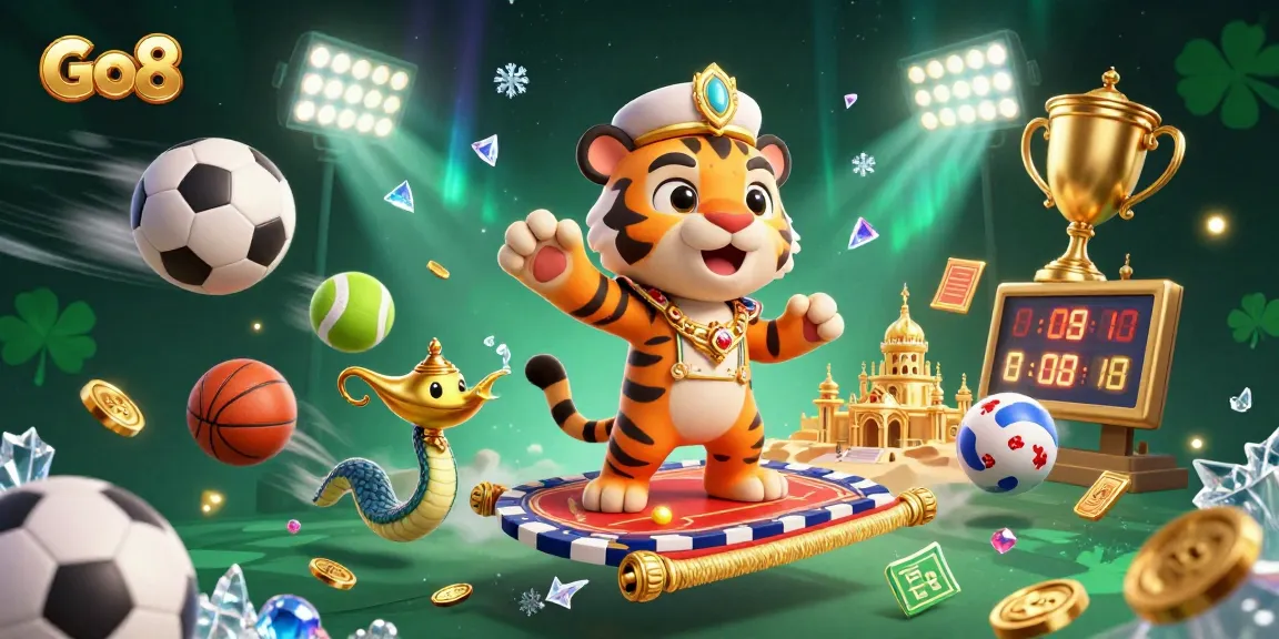 Engage in thrilling gameplay at Go8 with a rich 3D casino scene featuring a tiger sultan and dynamic sports elements.