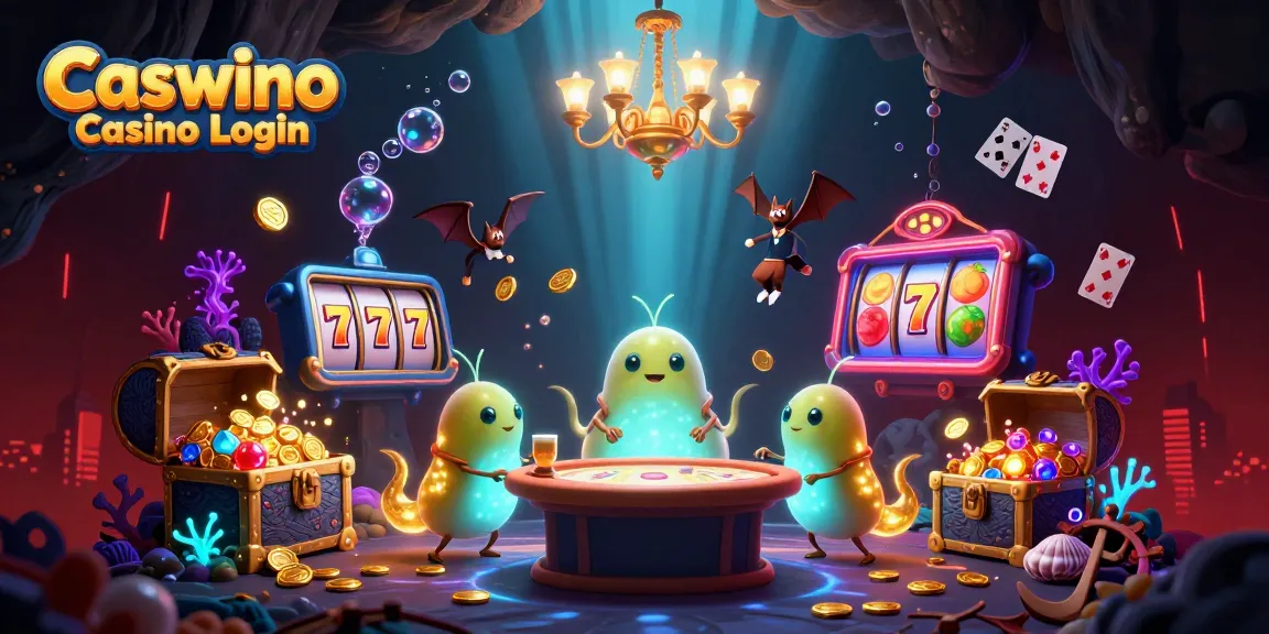 Caswino Casino Login with glowworms illuminating a vibrant 3D cave casino scene filled with dynamic game elements.